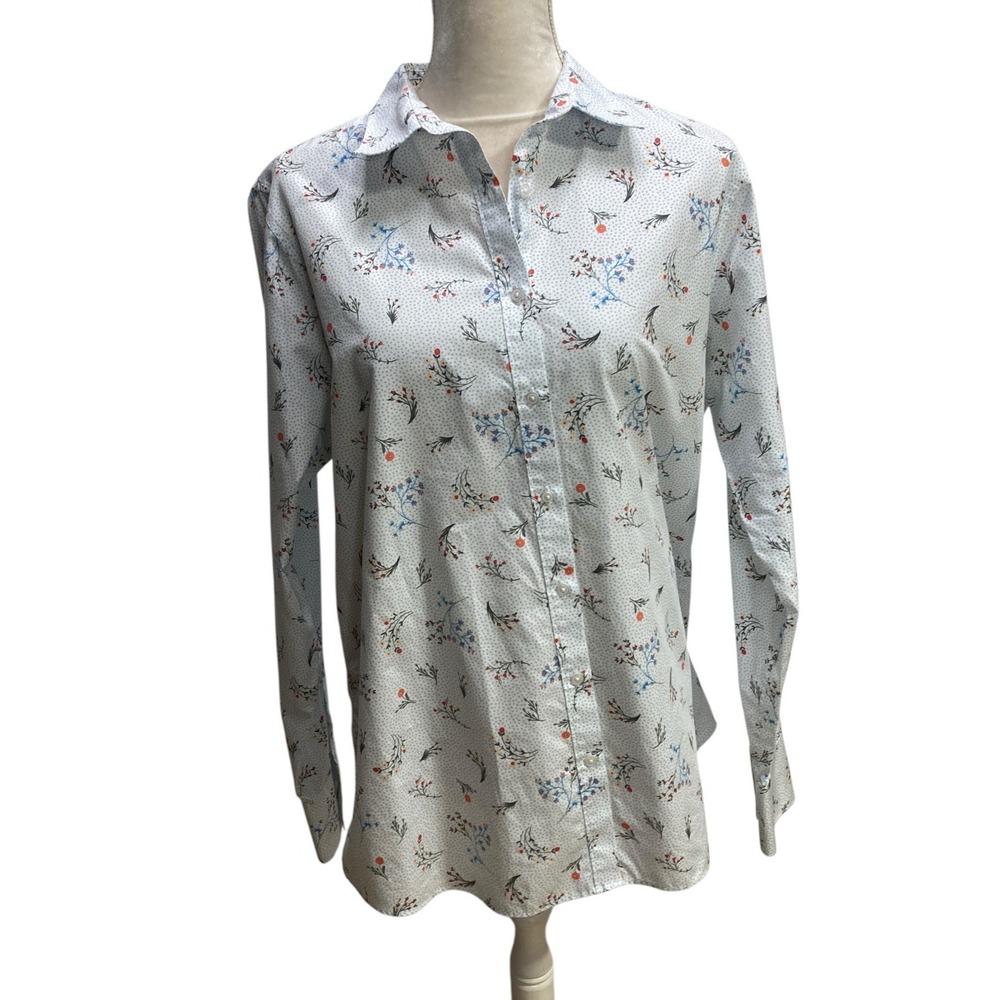Lands' End No Iron Supima Cotton Shirt Size 16T Floral white blue dots LS Woman